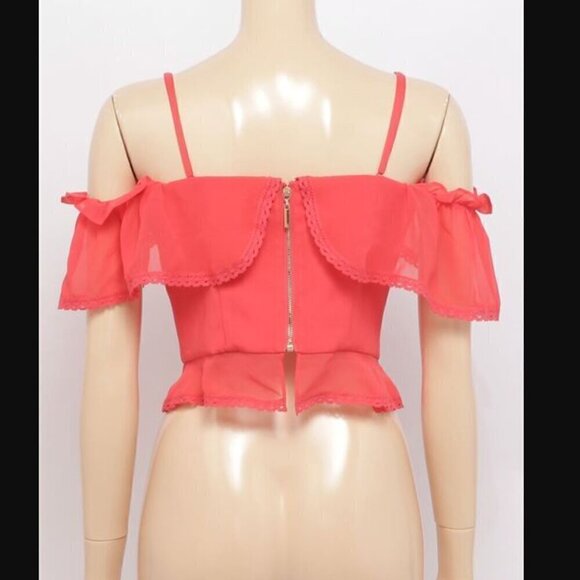 Marciano Juliet Off-Shoulder Bustier Top XS NWT Hibiscus Red Ruffles Mini Length - Picture 8 of 8